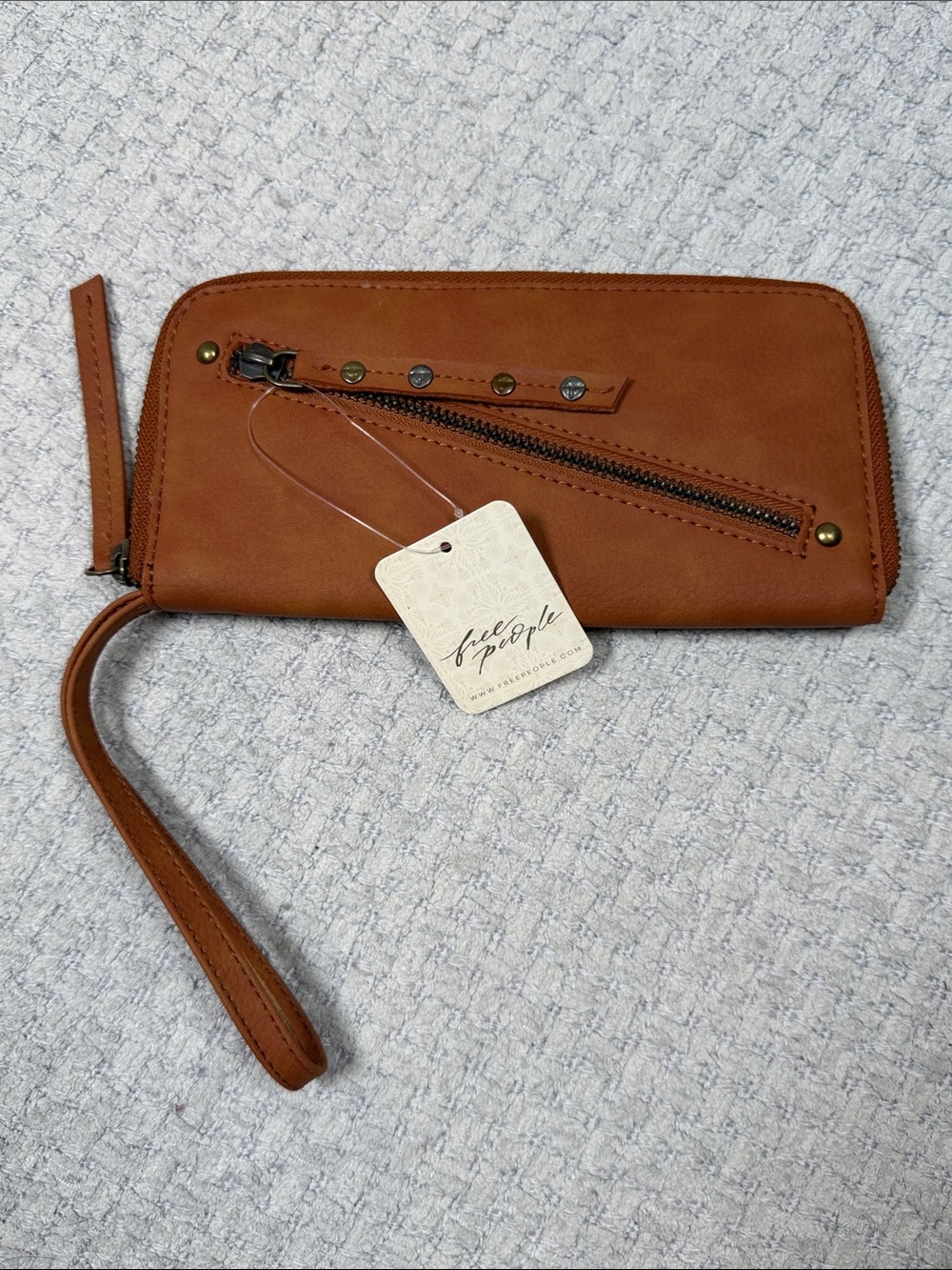 NWT Free People Brown Wristlet Distressed Vegan Wallet Strap Zip Close Clutch